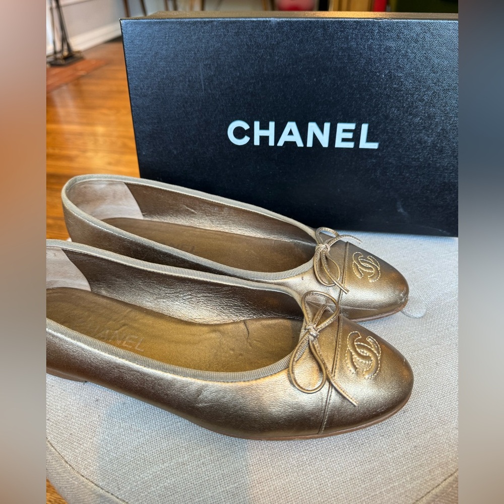 Chanel Ballerines Ballerina Flats Metallic Gold Cap Interlocking CC Women's 40